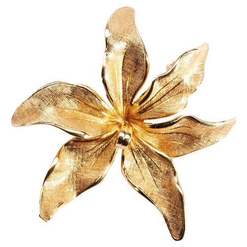 279 - TIFFANY; A 14 CARAT GOLD FLOWER BROOCHthe Orchid with textured leaves.Marked Tiffany & Co '14K' ... 