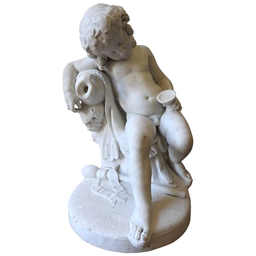 85 - AN IMPRESSIVE WHITE MARBLE OF BACCHANALIAN FIGURE, the putto figureslumped in a seated pose with win... 