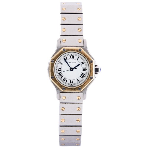 331 - CARTIER, A STAINLESS STEEL AND GOLD OCTAGONAL SANTOS LADY'S AUTOMATIC WRISTWATCH, signed white dial ... 