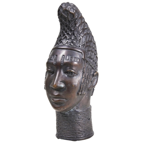 113 - A SMALL BENIN BRONZE OF A QUEEN MOTHER’S HEAD WITH CONICAL HEAD DRESS. 20TH CENTURY. 29cms... 