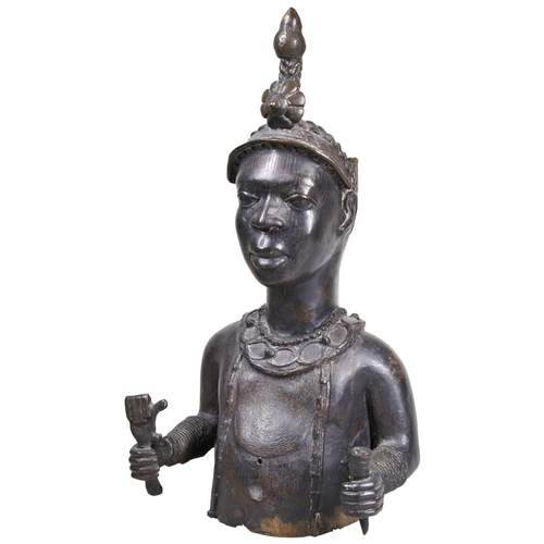 114 - A BENIN BRONZE BUST OF A ROYAL MALE WITH FANCY HEADRESS. 20THCENTURY. 62cm