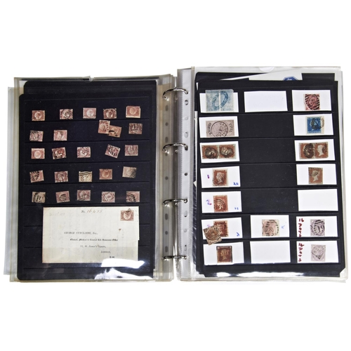 71 - A LOOSE-LEAF ALBUM OF BRITISH STAMPS COMPRISING SIX PENNY BLACKS, another on an addressed envelope, ... 