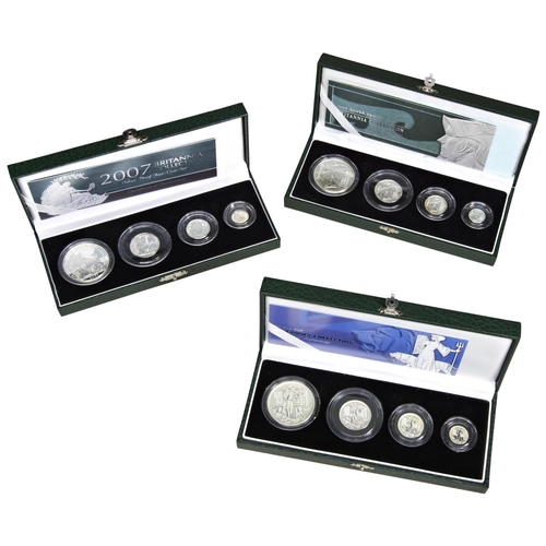 107 - A 2001 UK BRITANNIA SILVER PROOF COLLECTION AND TWO OTHERS FOR 2003 AND 2007