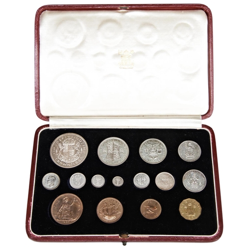 108 - A GEORGE VI 1937 SPECIMEN COIN SET IN GILT TOOLED RED MOROCCO CASE