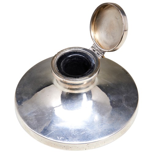 16 - A SILVER CAPSTAN INKWELL, BIRMINGHAM 1934,with liner, the hinged lid engraved ‘L.G’, and a matching ... 