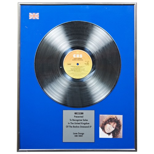 125 - A BARBARA STREISAND FACSIMILE BPI SILVER DISC FOR HER ALBUM & LOVE SONGS 1979.51 x 41 cmsPROVENA... 