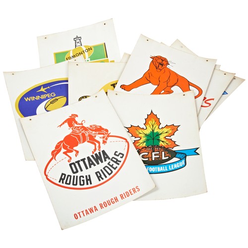 183 - A GROUP OF TEN CANADIAN FOOTBALL LEAGUE PROMOTION BOARDS printed on heavy card with metal eye suspen... 