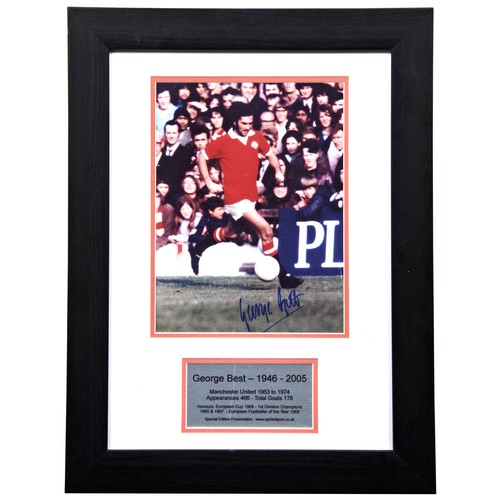 GEORGE BEST A SIGNED AND FRAMED COLOUR PHOTOGRAPH WITH AN INSCRIBED ...