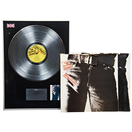 130 - THE ROLLING STONES, STICKY FINGERS, FRAMED FASCIMILE BPI SILVER DISC and two copies of the album.49 ... 