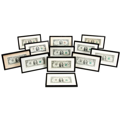 62 - ELTON H. RULE: A GROUP OF TEN FRAMED AMERICAN ONE DOLLAR BILLS AND TWO TWO DOLLAR BILLSall signed an... 