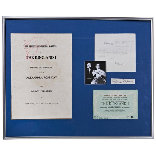 123 - YUL BRYNNER / VIRGINIA MCKENNA: A SIGNED TYPED NOTE DATED 1980, framed in common with a Gala Perform... 