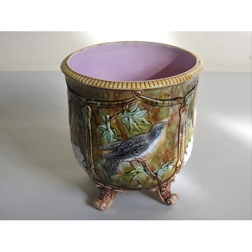 180 - AN ENGLISH MAJOLICA JARDINIERE, CIRCA 1880, probably by Thomas Forester, gadrooned rim, panel decora... 