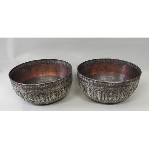 268 - A LARGE PAIR OF INDIAN SILVERED COPPER BASINS, THANJAVUR (TANJORE) TAMIL NACHS, SOUTHERN INDIAN, LAT... 