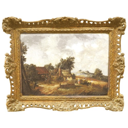 592 - ENGLISH SCHOOL, 19TH CENTURY, ‘FIGURES BY A THATCHED COTTAGE’, oil painting on board22 x 30 cmProven... 