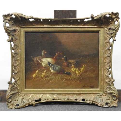 596 - ADOLF NOWEY (19TH CENTURY), DUCKS & CHICKENS, two oil paintings on canvas, signed, gilt framed24... 