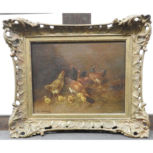 596 - ADOLF NOWEY (19TH CENTURY), DUCKS & CHICKENS, two oil paintings on canvas, signed, gilt framed24... 