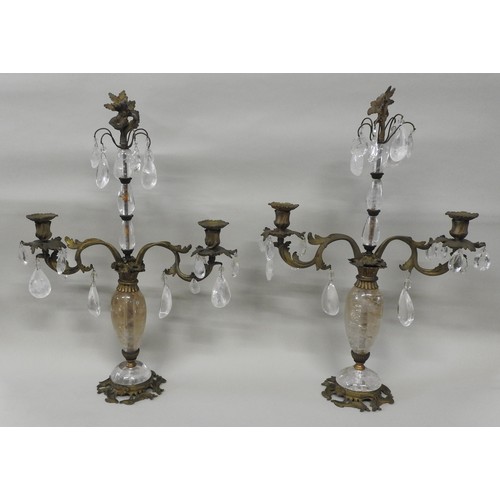 639 - A FINE PAIR OF LOUIS XV STYLE GILT BRONZE AND ROCK CRYSTAL CANDELABRA, 19th Century, the baluster co... 