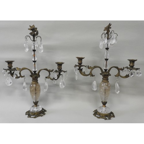 639 - A FINE PAIR OF LOUIS XV STYLE GILT BRONZE AND ROCK CRYSTAL CANDELABRA, 19th Century, the baluster co... 