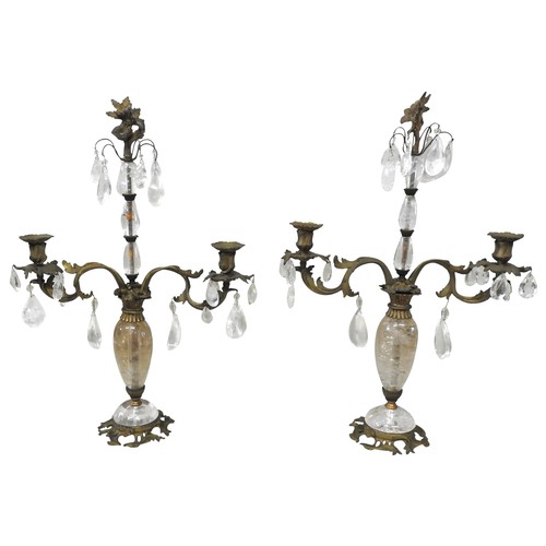 639 - A FINE PAIR OF LOUIS XV STYLE GILT BRONZE AND ROCK CRYSTAL CANDELABRA, 19th Century, the baluster co... 