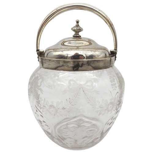 831 - A LATE VICTORIAN SILVER MOUNTED GLASS JAR, LONDON 1900, the moulded globular sides engraved with rib... 