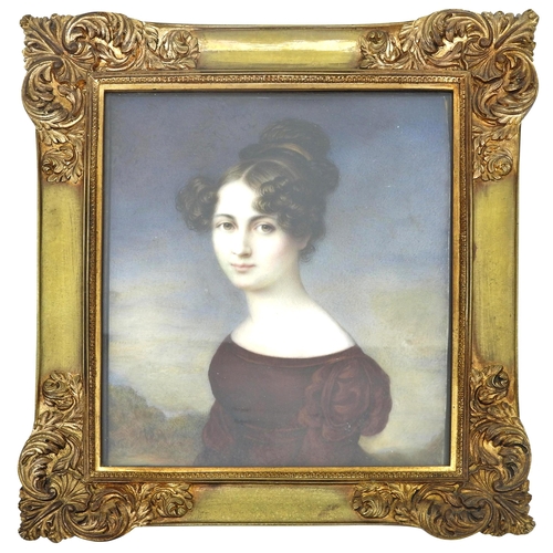 635 - AUGUSTE GRAHL (1791-1868) MINIATURE PORTRAIT PAINTING OF VIENNESE LADY, CIRCA 1840 wearing an elegan... 