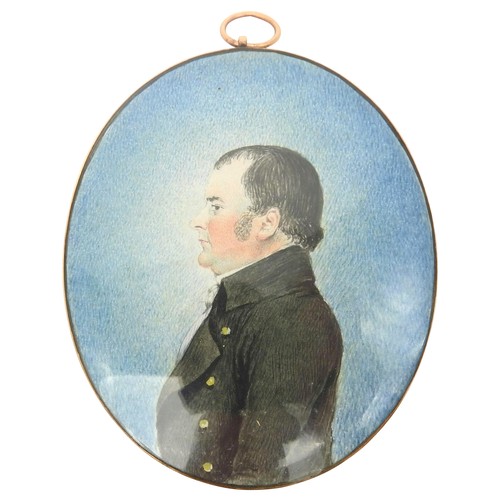 636 - A MINIATURE PORTRAIT WATERCOLOUR, EARLY 19TH CENTURY, of John Freeth, mounted under glass in an oval... 