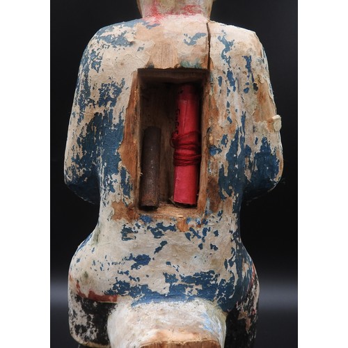 319 - AN CHINESE CARVED WOODEN POLYCHROME FIGURE, EARLY 20TH CENTURY, of a robed attendant holding a tea b... 