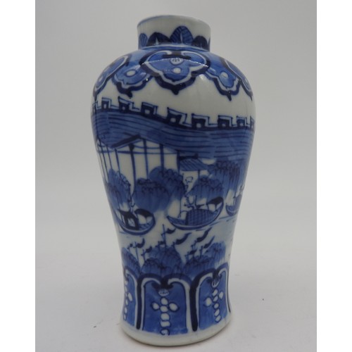 359 - A SMALL BLUE & WHITE MEIPING VASE, EARLY 20TH CENTURY, the sides decorated with a panorama depic... 