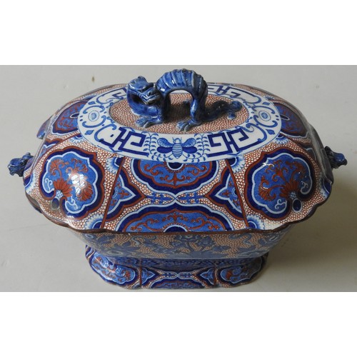 199 - AN UNUSUAL ENGLISH 19TH CENTURY IRONSTONE TUREEN AND COVER, octagonal form, the domed cover surmount... 