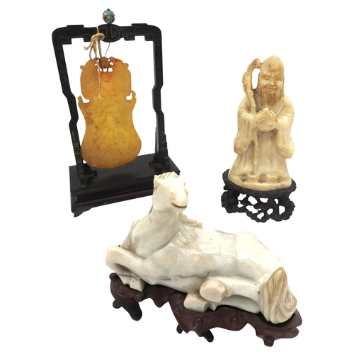 366 - A CHINESE ALABASTER SHULAO FIGURE AND A MARBLE FIGURE OF HORSE, 20TH CENTURY, both raised on ornate ... 