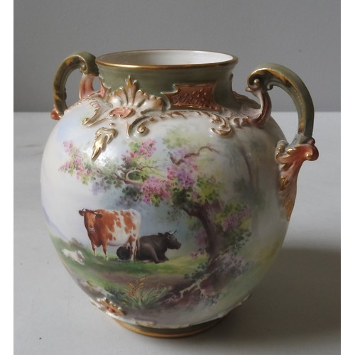 195 - A ROYAL WORCESTER GLOBULAR PORCELAIN VASE, CIRCA 1901, the sides hand painted with bucolic scenes of... 