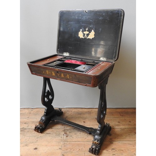 22 - A 19TH CENTURY CHINOSERIE SEWING TABLE,the rectangular top with moulded oval cartouche, with ornate ... 