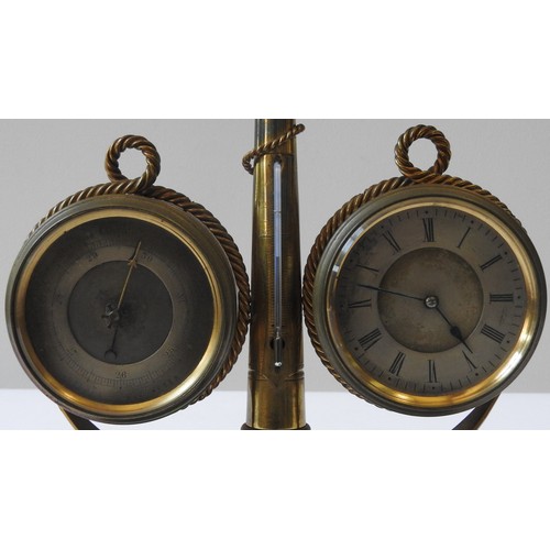 243 - A MARITIME THEMED CLOCK/BAROMETER DESK COMPENDIUM, the anchor shaped support flanked by a clock and ... 