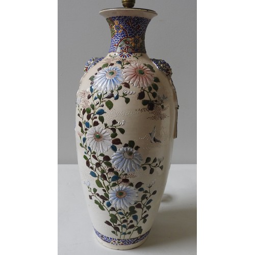 172 - A LARGE SATSUMA VASE, EARLY 20TH CENTURY, decorated with flowers, now converted to a lamp.55 cms... 