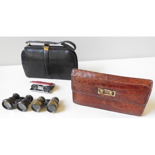 652 - A VINTAGE MAPPIN & WEBB LIZARD SKIN HAND BAG, ANOTHER CLUTCH BAG AND THREE PAIRS OF OPERA GLASSE... 