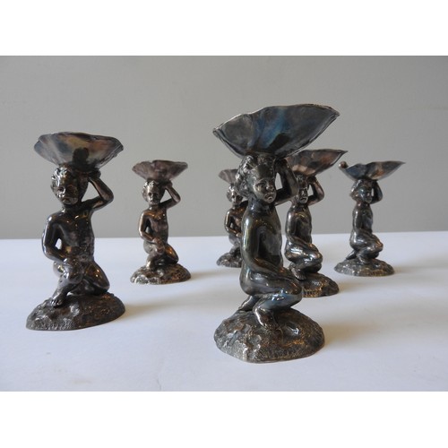 825 - A SET OF SIX ELKINGTON SILVER PLATED FIGURAL SALTS, LATE 19TH CENTURY, modelled as putti holding alo... 