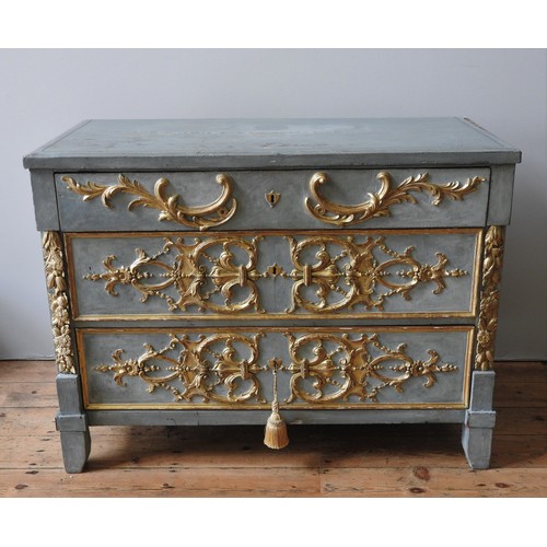 102 - A CONTINENTAL PAINTED AND PARCEL GILT COMMODE, CIRCA 1800, rectangular top over three long drawers, ... 