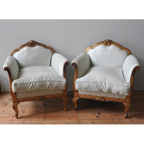 97 - PAIR OF LOUIS XV STYLE GILTWOOD AND UPHOLSTERED LOW ARMCHAIRS, CIRCA 190084 x 79 x 74 cm