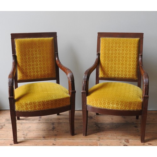 104 - A SET OF 3 FRENCH EMPIRE-STYLE FAUTEUILS, EARLY 20TH CENTURY, mahogany frames with upholstered back ... 