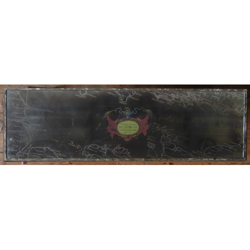 100 - A CONTEMPORARY CONSOLE TABLE,  rectangular top inset with antique map design, raised on a tri-fold m... 