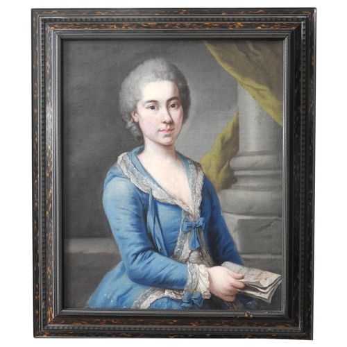 613 - AN 18TH CENTURY CONTINENTAL SCHOOL PORTRAIT OIL PAINTING ON CANVAS, unsigned, depicting seated regen... 