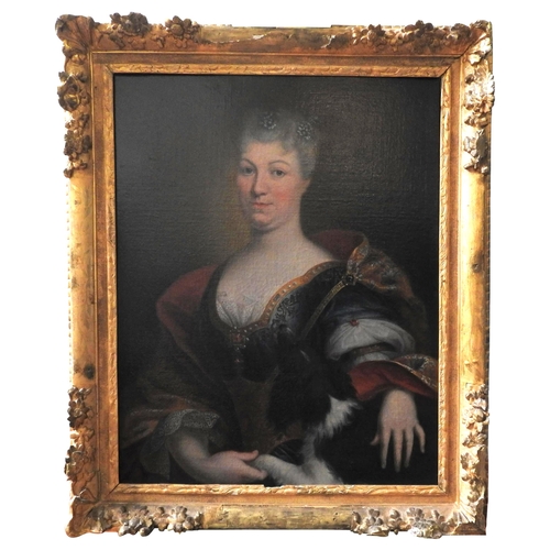 614 - AN 18TH CENTURY OIL PAINTING ON CANVAS, CONTINENTAL SCHOOL, unsigned, depicting noblewoman wearing e... 