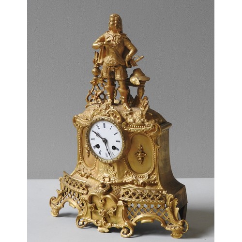 254 - A LOUIS XVI STYLE GILT METAL FIGURAL MANTEL CLOCK, 19TH CENTURY, 7.5 cm enamelled dial centrally mou... 