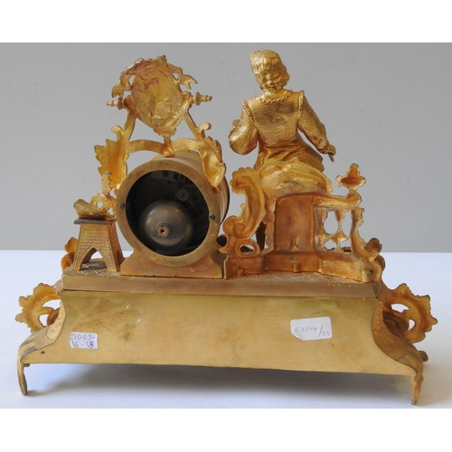 256 - A LOUIS XV STYLE GILT METAL MANTEL CLOCK, CIRCA 1900, the drum shaped clock case with 8 cm enamelled... 