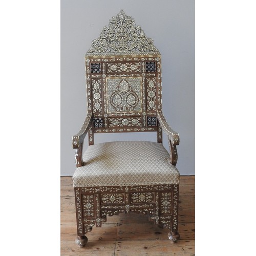 81 - A SYRIAN MOTHER OF PEARL AND BONE INLAID THRONE CHAIR, LATE 19TH / EARLY 20TH CENTURY, ornate pierce... 