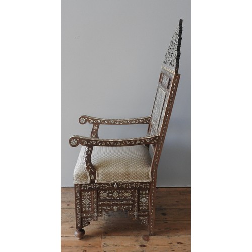 81 - A SYRIAN MOTHER OF PEARL AND BONE INLAID THRONE CHAIR, LATE 19TH / EARLY 20TH CENTURY, ornate pierce... 