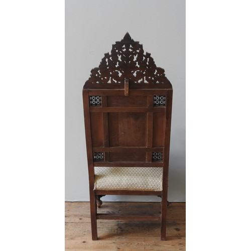 81 - A SYRIAN MOTHER OF PEARL AND BONE INLAID THRONE CHAIR, LATE 19TH / EARLY 20TH CENTURY, ornate pierce... 