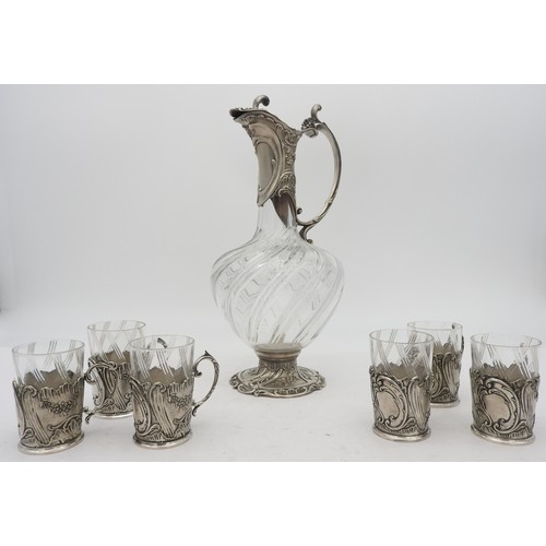 835 - A CHRISTOPHLE GALLIA METAL MOUNTED CARAFE AND SIX MATCHING GLASSES, 20TH CENTURY, the carafe and gla... 