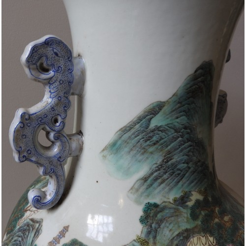 356 - A LARGE CHINESE FAMILLE ROSE BALUSTER VASE19TH / 20TH CENTURYthe slender neck with twin chilong hand... 