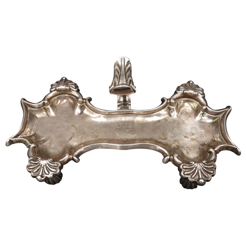 843 - A GEORGE II SILVER CANDLE SNUFFER TRAY, shaped waisted form with scroll edge and shell decoration, '... 